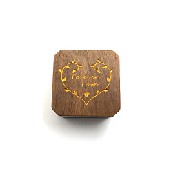 Gold Carved Heart Walnut Wood Single Ring Storage Boxes, with Magnetic Clasps, Square Ring Gift Case for Valentine's Day, Gold, 5x5x3.1cm