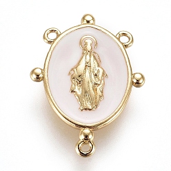 White Golden Plated Brass Chandelier Component Links, with Enamel, Oval with Virgin Mary, White, 17.5x13x2mm, Hole: 0.8mm