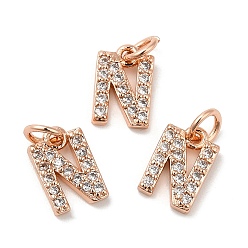 Real Rose Gold Plated Brass Micro Pave Grade AAA Cubic Zirconia Charms, Letter N, Cadmium Free & Nickel Free & Lead Free, Real Rose Gold Plated, 9x5.5x1.5mm, Hole: 2mm