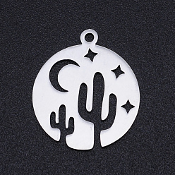 Stainless Steel Color 201 Stainless Steel Laser Cut Pendants, Flat Round with Cactus, Stainless Steel Color, 20.5x18x1mm, Hole: 1.4mm