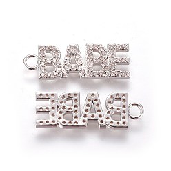 Platinum Brass Micro Pave Cubic Zirconia Pendants, Word Babe, Clear, Platinum, 30x10x2mm, Hole: 3mm