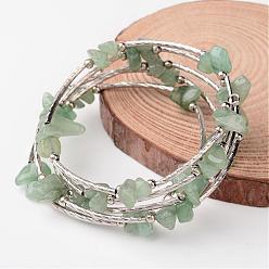 Green Aventurine 5-Loop Natural Green Aventurine Chip Beaded Wrap Bracelets, with Steel Bracelet Memory Wire, Brass Tube Beads and Iron Spacer Beads, 52mm