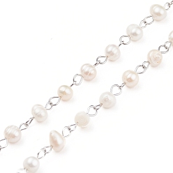 Couleur Acier Inoxydable Chaînes de perles de perles d'eau douce naturelles faites à la main, avec 304 accessoires en acier inoxydable, non soudée, couleur inox, 6~8x5~6mm, environ 3.28 pieds (1 m)/fil