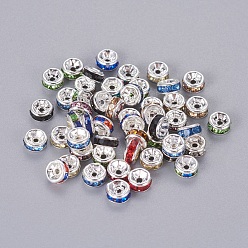 Mixed Color Brass Rhinestone Spacer Beads, Grade AAA, Straight Flange, Nickel Free, Silver Color Plated, Rondelle, Mixed Color, 4x2mm, Hole: 0.8mm