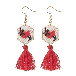 Heart Glass Seed Braided Hexagon Dangle Earrings, with Cotton Tassels, Golden 304 Stainless Steel Jewelry for Women, Heart, 72~75mm, Pin: 0.7mm