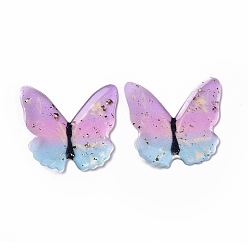 Lila Cabochons de la resina transparente, con lámina de oro, mariposa, lila, 37~38x38~42x3.5~4 mm
