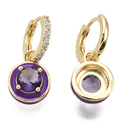 Фиолетовый Плоские круглые серьги-кольца с кубическим цирконием и эмалью, настоящие позолоченные украшения из латуни для женщин, без никеля , фиолетовые, 18 мм, штифты : 26 мм