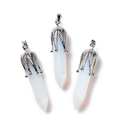 Opalite Opalite Big Pendants, with Platinum Tone Brass Findings, Cadmium Free & Lead Free, Bullet with Leaf, 53.5~57x14~15x14~15mm, Hole: 7x4mm