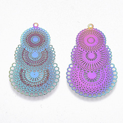 Rainbow Color Ion Plating(IP) 304 Stainless Steel Filigree Pendants, Etched Metal Embellishments, Rainbow Color, 40x24.5x0.3mm, Hole: 1mm