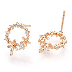 Real 18K Gold Plated Brass Micro Pave Clear Cubic Zirconia Stud Earring Findings, with Loop, Nickel Free, Ring with Flower, Real 18K Gold Plated, 14x12mm, Hole: 0.8mm, Pin: 0.8mm