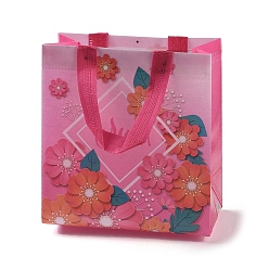 Rose Chaud Sacs cadeaux pliants réutilisables non tissés avec poignée, motif de fleurs imprimées sur le thème de la fête des mères, sac à provisions imperméable portable pour emballage cadeau, rectangle, rose chaud, 11x21.5x23 cm, pli: 28x21.5x0.1 cm