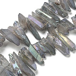 Lilac Electroplated Natural Quartz Crystal Beads Strands, Nuggets, Tusk Shape, AB Color, Dyed, Lilac, 7~15x18~60mm, Hole: 1mm, about 46pcs/strand, 16 inch