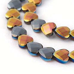 Multi-color Plated Electroplated Non-magnetic Synthetic Hematite Beads Strands, Faceted, Half Plated, Heart, Multi-color Plated, 8x8x3mm, Hole: 0.8mm, about 54pcs/strand, 16.14 inch(41cm)