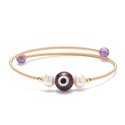 Améthyste Améthyste naturelle et mauvais œil au chalumeau et bracelet perlé de perles naturelles, bracelet torque en laiton pour femme, or, diamètre intérieur: 2-1/8 pouce (5.5 cm)