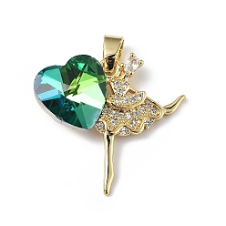 Light Sea Green Real 18K Gold Plated Rack Plating Brass Micro Pave Clear Cubic Zirconia Pendants, with Glass, Long-Lasting Plated, Cadmium Free & Lead Free, Dancer with Heart Charm, Light Sea Green, 23x24.5x8.2mm, Hole: 5x3.2mm