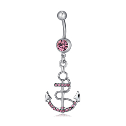 Platinum Piercing Jewelry, Brass Cubic Zirconia Navel Ring, Belly Rings, with 304 Stainless Steel Bar, Lead Free & Cadmium Free, Anchor, Hot Pink, Platinum, 54x19mm, Bar Length: 3/8"(10mm), Bar: 14 Gauge(1.6mm)