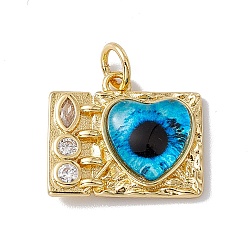 Deep Sky Blue Brass Micro Pave Clear Cubic Zirconia Pendants, Rectangle with Heart Charm, with Eye Resin and Jump Rings, Lead Free & Cadmium Free, Real 18K Gold Plated, Deep Sky Blue, 16x18.5x4.5mm, Hole: 4mm