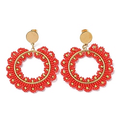 Red Woven Glass & Brass Beaded Donut Dangle Stud Earrings, with Vacuum Plating 304 Stainless Steel Pins, Red, 60x49mm