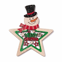 Colorful Christmas Spray Painted Wood Big Pendants, Snowman with Star, Colorful, 100x84.5x3mm, Hole: 2.5mm