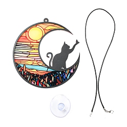 Colorful Opaque Acrylic Big Pendants, Leather Strap with Plastic Accessories, Moon with Cat, Colorful, 127x120x3.5mm, Hole: 4mm