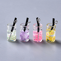 Mixed Color Glass Bottle Pendants, with Resin & Polymer Clay inside, Plastic and Platinum Tone Iron Eye Pin, Imitation Juice Bottle, Mixed Color, 24~26x10mm, Hole: 1.6mm