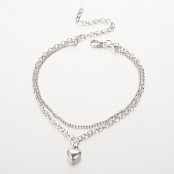 Platinum Tibetan Style Heart Charm Anklets, with Iron Chains and Zinc Alloy Lobster Claw Clasps, Platinum, 230mm