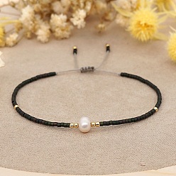 Black Glass Imitation Pearl & Seed Braided Bead Bracelets, Adjustable Bracelet, Black, 11 inch(28cm)