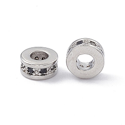Platinum Brass Spacer Beads, with Jet Rhinestone, Flat Round, Platinum, 7x3~3.7mm, Hole: 3.4mm