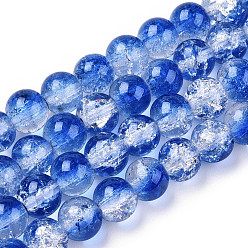 Royal Blue Two-Tone Crackle Baking Painted Transparent Glass Beads Strands, Round, Royal Blue, 8mm, Hole: 1.5mm, about 108~110pcs/strand, 30.71 inch~31.50 inch(78~80cm)