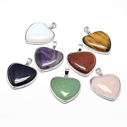 Mixed Stone Heart Platinum Plated Brass Natural & Synthetic Mixed Stone Pendants, Cadmium Free & Lead Free, 36x31x7mm, Hole: 4x8mm