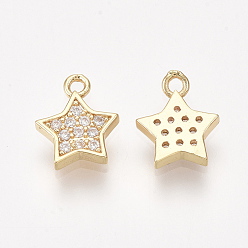 Real 18K Gold Plated Brass Cubic Zirconia Charms, Star, Clear, Real 18K Gold Plated, 9x8x2mm, Hole: 1mm