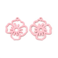 Pink Rack Plating Alloy Pendants, Spray Painted Flower Charms, Cadmium Free & Nickel Free & Lead Free, Pink, 24.5x22.5x1.4mm, Hole: 1.2mm