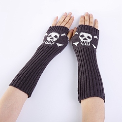 Gray Polyacrylonitrile Fiber Yarn Knitting Long Fingerless Gloves, Arm Warmer, Winter Warm Gloves with Thumb Hole, Skull Pattern, Gray, 295~330x80mm