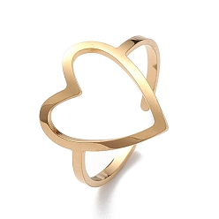 Golden Hollow Out Heart 304 Stainless Steel Open Cuff Ring for Women, Golden, Inner Diameter: 19mm