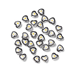 Black Transparent Glass Beads, with Enamel, Heart with Flower Pattern, Black, 12x12x6.5mm, Hole: 0.9mm