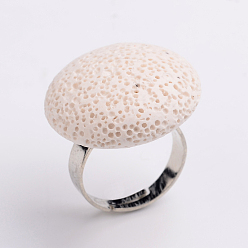 Floral White Adjustable Flat Round Lava Rock Gemstone Finger Rings, with Platinum Tone Brass Findings, Floral White, 16mm