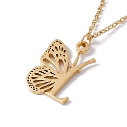 Letter L Initial Letter with Butterfly Pendant Necklace, Golden 304 Stainless Steel Jewelry for Women, Letter.L, Pendant: 22x17x1mm, 15.55 inch(39.5cm)