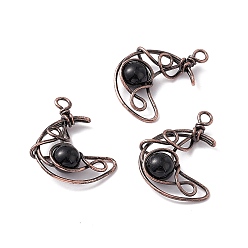 Obsidian Natural Obsidian Pendants, Moon Charms, with Rack Plating Red Copper Tone Brass Findings, Cadmium Free & Lead Free, 31.5~33x22x8.5mm, Hole: 2.5~3mm