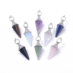 Mixed Stone Natural & Synthetic Mixed Gemstone Pendants, Cone Pendulum Pendants, with Platinum Tone Brass Findings, 57~60x17mm, Hole: 8x4mm