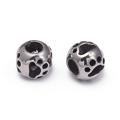 Antique Silver 304 Stainless Steel European Beads, Large Hole Beads, Rondelle with Hollow Dog Footprints, Antique Silver, 10x11.5mm, Hole: 5.5mm