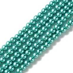 Dark Turquoise Grade A Glass Pearl Beads, Pearlized, Round, Dark Turquoise, 4mm, Hole: 0.7~1.1mm, about 100pcs/Strand, 16''(40.64cm)
