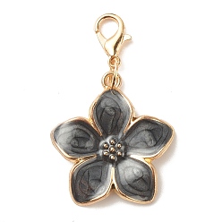 Black Alloy Enamel Flower Pendant Decorations, Lobster Clasp Charms, for Keychain, Purse, Backpack Ornament, Black, 42mm