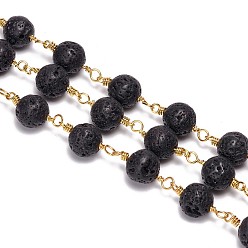 Lava Rock Handmade Natural Lava Rock Beaded Chains, Unwelded, with Brass Findings, with Spool, Round, Golden, 6mm, about 32.8 Feet(10m)/roll
