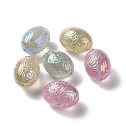 Color mezclado Cuentas de purpurina de plástico ABS iridiscente arcoíris chapado en UV, huevo con estampado de flores, color mezclado, 25.5x18.5 mm, agujero: 2 mm