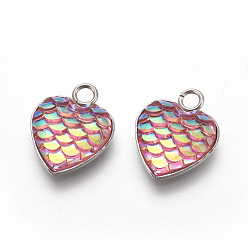 Pink 304 Stainless Steel Pendants, with Resin, Heart with Fish Scale Shape, Stainless Steel Color, Pink, 16x13x3.5mm, Hole: 2mm