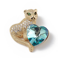 Cyan Real 18K Gold Plated Rack Plating Brass Micro Pave Clear Cubic Zirconia Pendants, with Glass, Long-Lasting Plated, Cadmium Free & Lead Free, Leopard with Heart Charm, Cyan, 24x22x8mm, Hole: 5x3mm