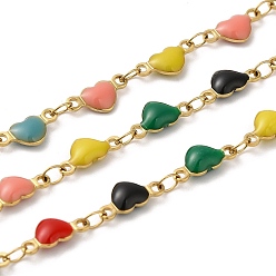 Colorful Ion Plating(IP) Golden 304 Stainless Steel Heart Link Chain, with Enamel, Soldered, Colorful, 10x5x2.7mm