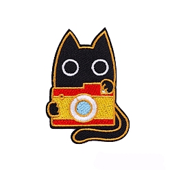 Gold Cat & Camera Cartoon Appliques, Embroidery Iron on Cloth Patches, Sewing Craft Decoration, Gold, 44x62mm