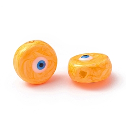 Naranja Oscura Perlas de vidrio, con esmalte, redondo plano con patrón de mal de ojo, naranja oscuro, 14~14.5x9 mm, agujero: 1.2 mm