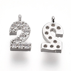 Number Brass Micro Pave Clear Cubic Zirconia Charms, Number, Platinum, Num.2, 9.5~10x4~6.5x2mm, Hole: 0.8mm